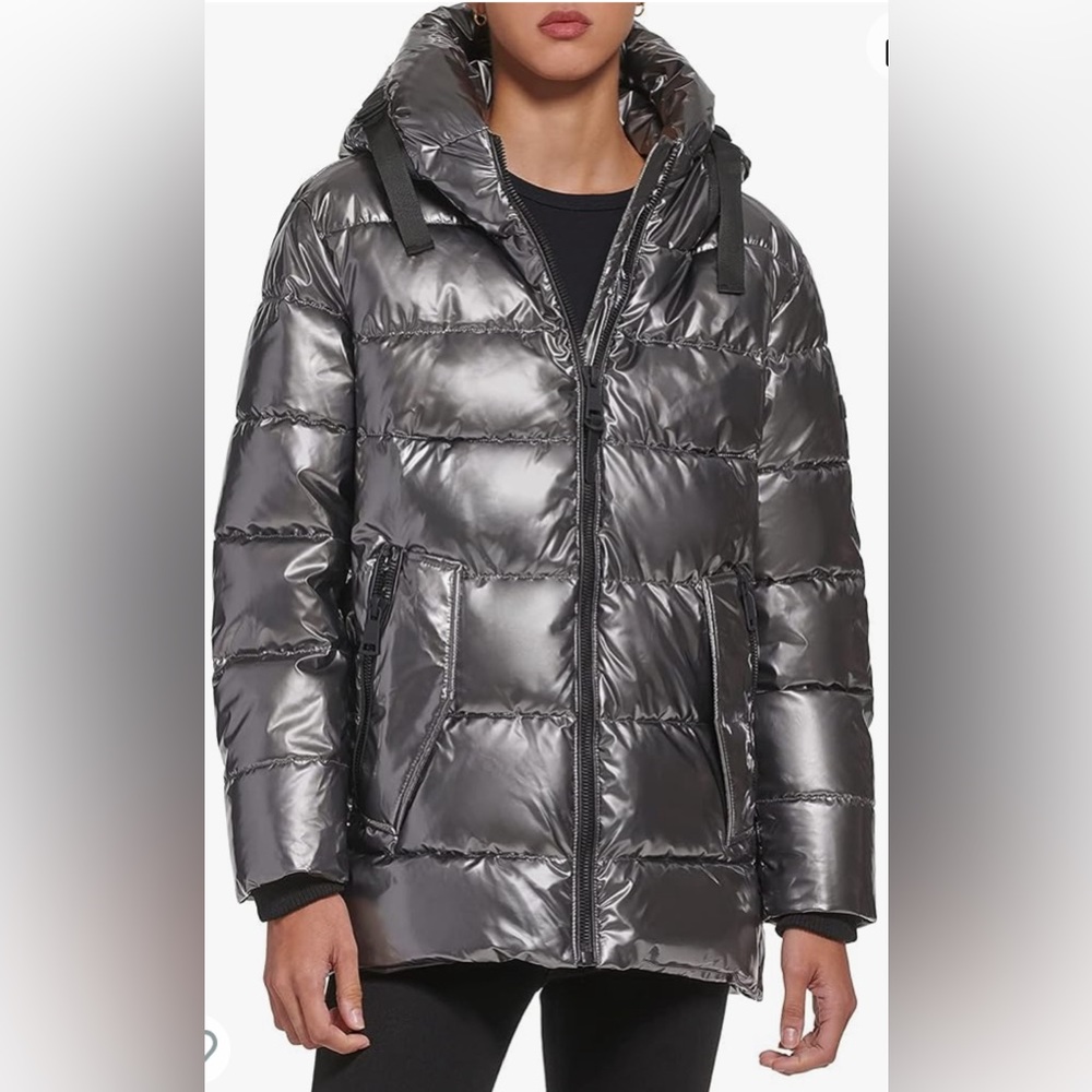 New DKNY Glossy Gunmetal Puffer Coat Size S
